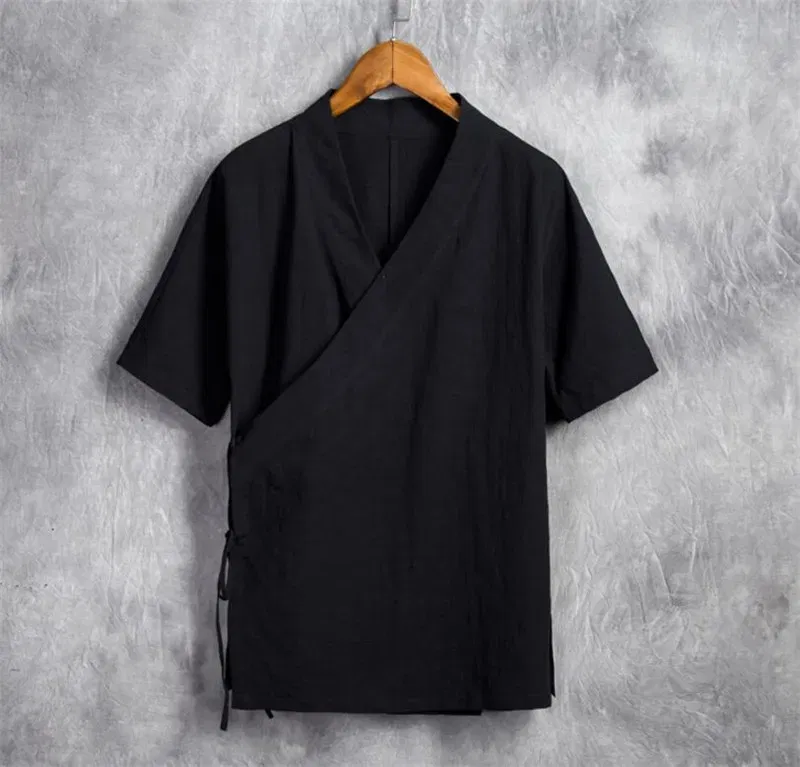 Color: black, Size: 4XL - Men Cotton Linen Short sleeve Kung Fu Shirt Classic Chinese Style Tang Clothing Size M-6XL