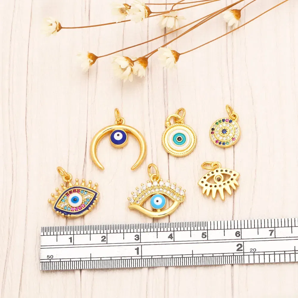 Metal color: BROWN - OCESRIO Multicolor Little Turkish Eye Bracelet Earring Charm Copper Gold Plated CZ Evil Eye Jewelry Making Supplies chma180