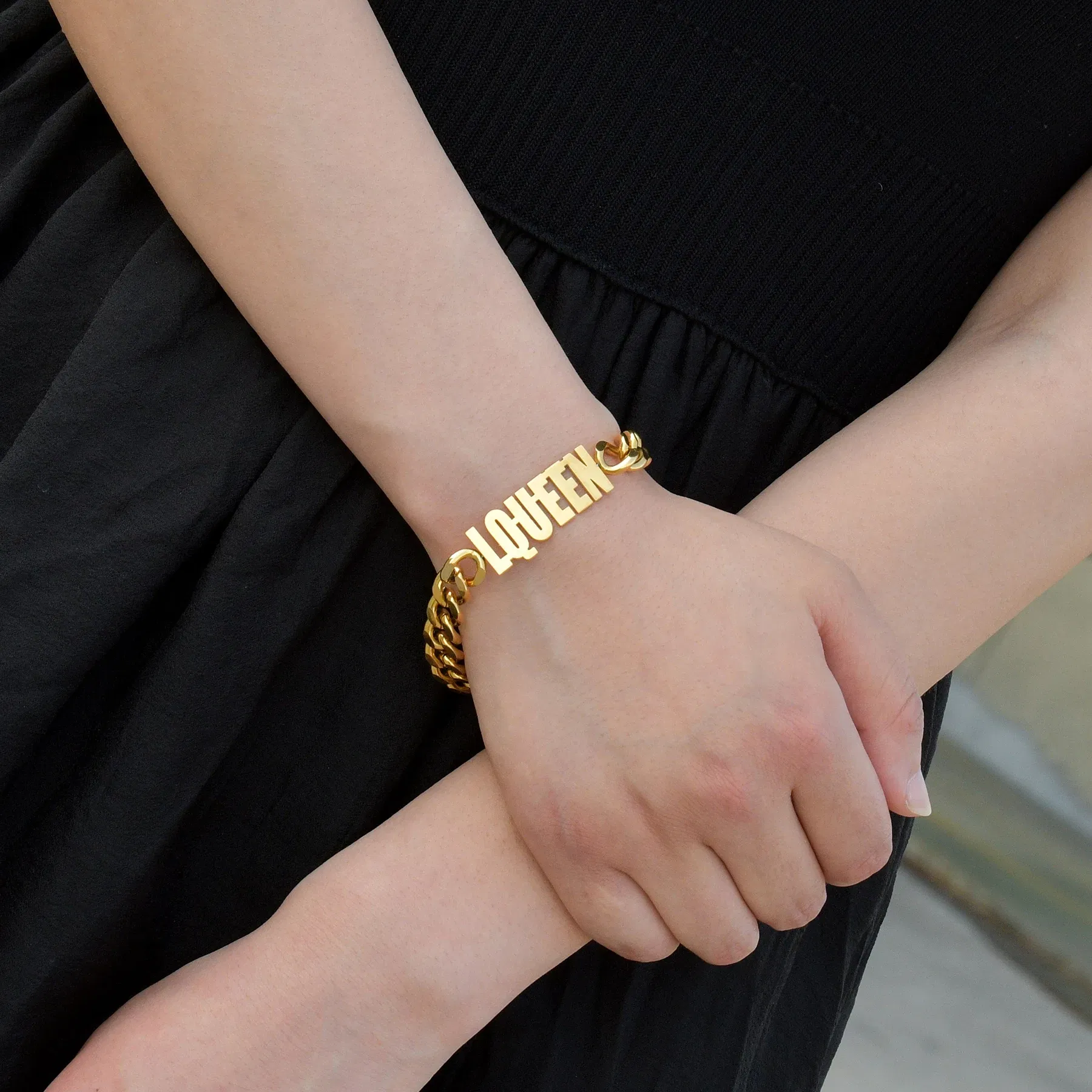 Metal Color: pink, Length: 17cm, Main Stone Color: Gold - Atoztide Personalized Custom Name Bracelet for Women Men Stainless Steel 10mm Cuban Chain Nameplate Handmade Bangle Jewelry Gift