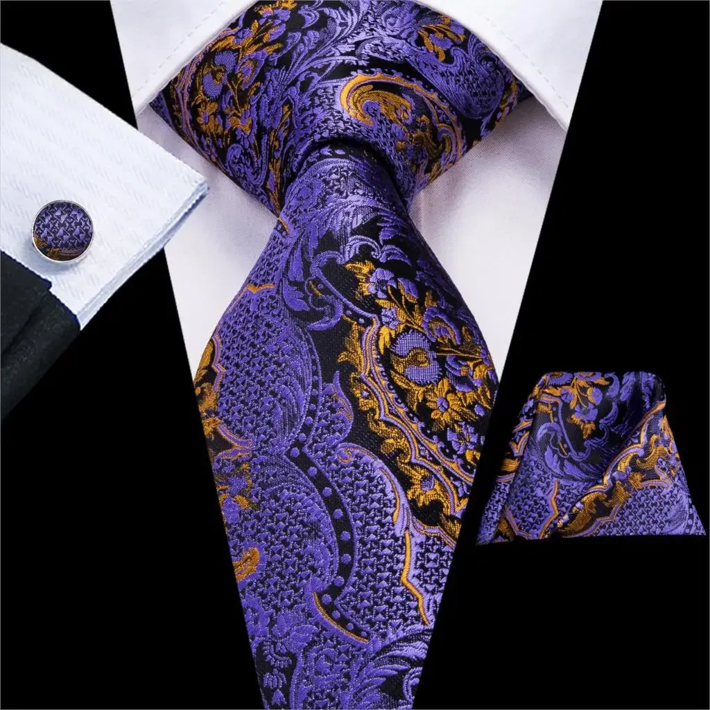 Color: Red - Hi-Tie Purple Paisley Silk Elegent Tie for Men Novelty Design Handky cufflink Tie Set Party Business Wedding Dropshipping