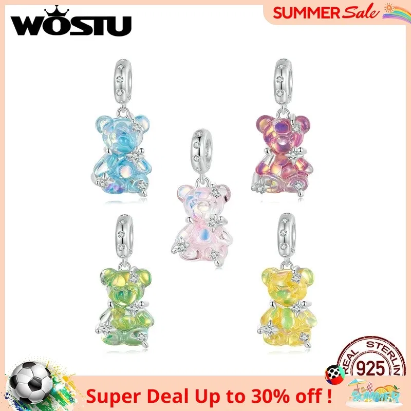 Gem Color: WHITE - WOSTU Real 925 Sterling Silver Princess Pink Bear Bead Blue Rose Red Bears Pendant Charms Fit Bracelet Neckalce DIY Bithday Gift