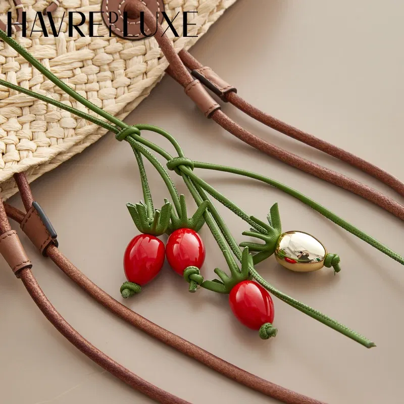 Color: Red Wine - Cowhide bag charm exquisite tomato string pendant woman all-match cute backpack pendant bag accessories
