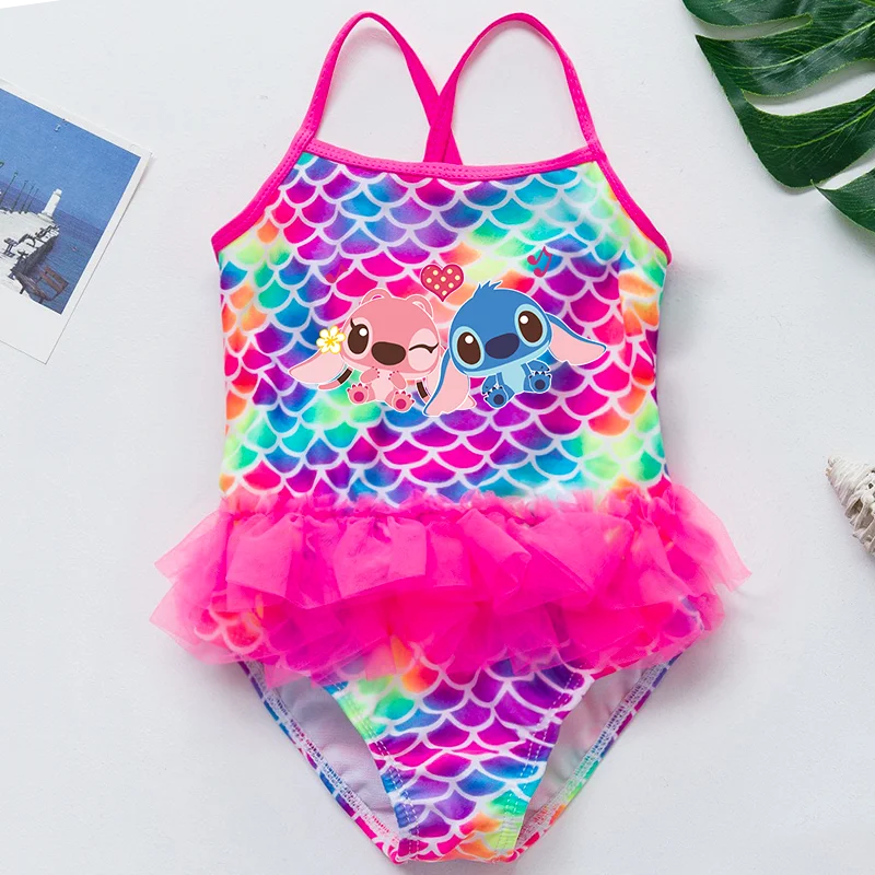 Color: Beige, Kid Size: 9M - Lilo Stitch Girl Swimsuit Summer One-Piece Swimwear Beachwear Pool Mermaid Fish Scale Print Bikini Bathing Outfit Swimming Wear