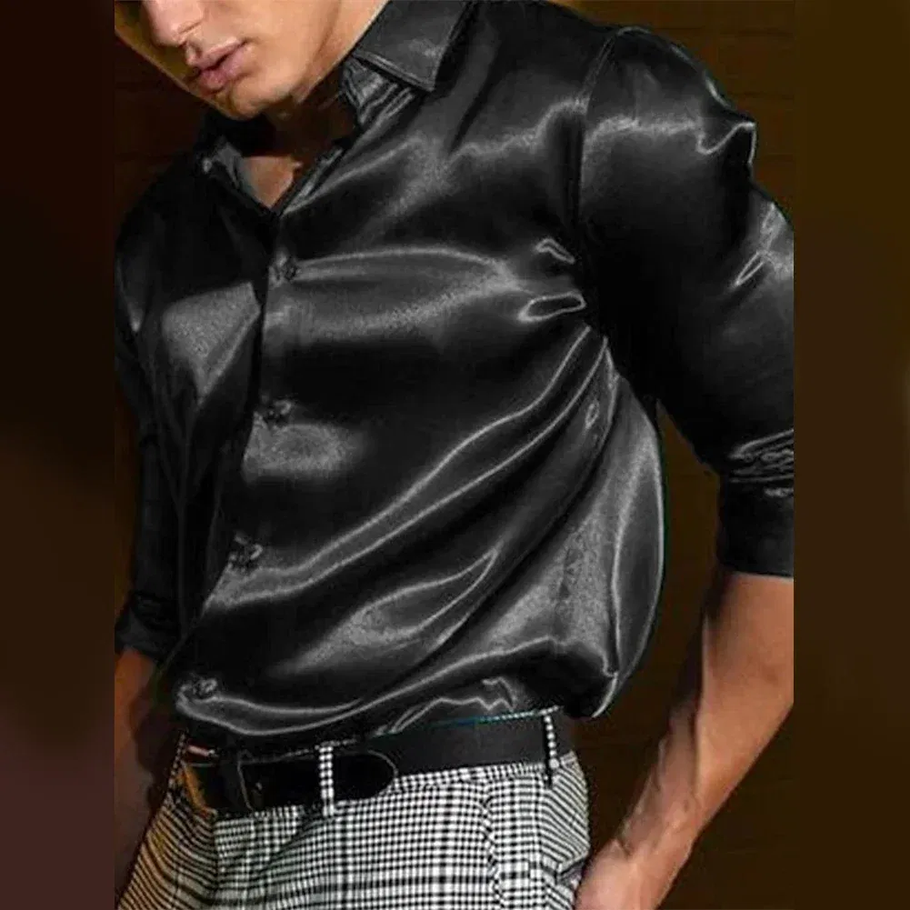 Color: WHITE, Size: M, Ships From: CHINA - Casual Men's Satin Silk Dress Shirts Long Sleeve Social Single Breasted Button Turn-Down Collar Shirts Wedding Party Men Clothes