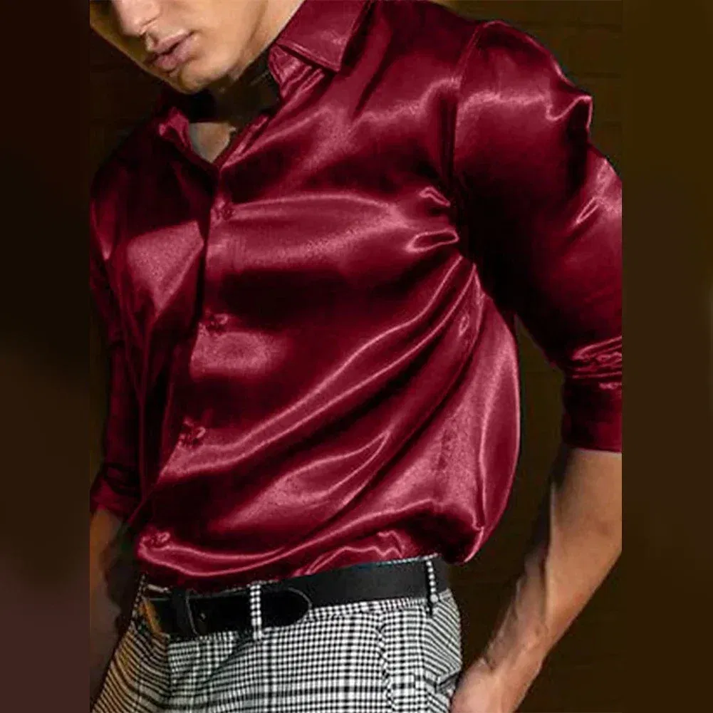Color: WHITE, Size: M, Ships From: CHINA - Casual Men's Satin Silk Dress Shirts Long Sleeve Social Single Breasted Button Turn-Down Collar Shirts Wedding Party Men Clothes