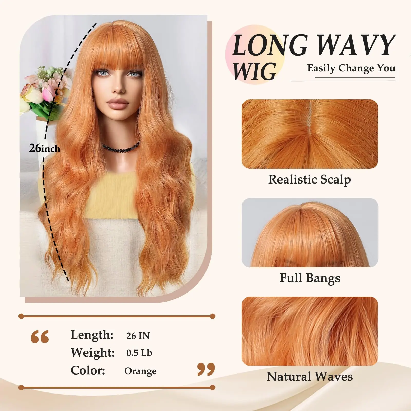 Color: T1B/Burgundy - Orange synthetic wig with big waves for party, Halloween cosplay, daily use wig, high-temperature hair accessory