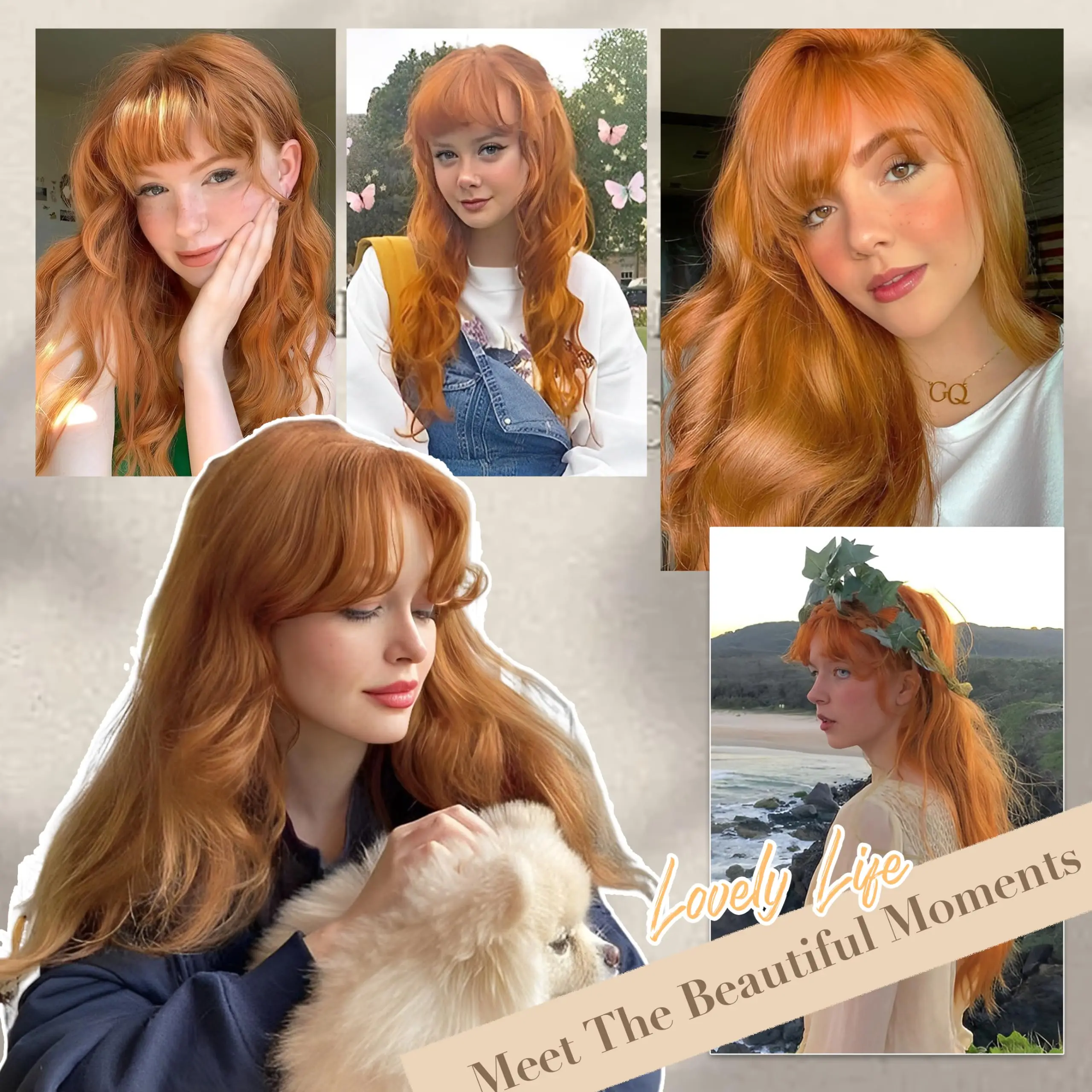 Color: T1B/Burgundy - Orange synthetic wig with big waves for party, Halloween cosplay, daily use wig, high-temperature hair accessory
