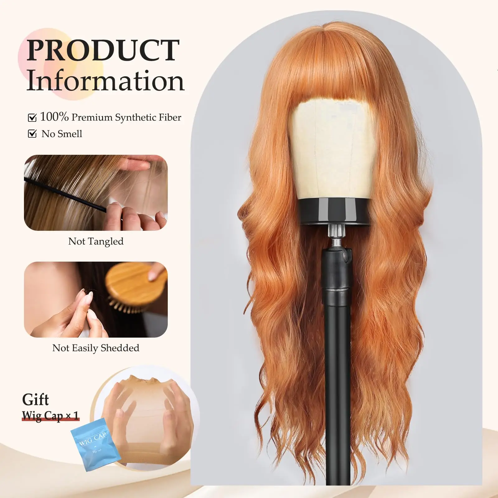 Color: T1B/Burgundy - Orange synthetic wig with big waves for party, Halloween cosplay, daily use wig, high-temperature hair accessory