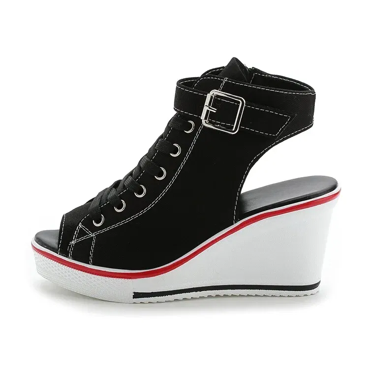 Color: black, Shoe Size: 37 - Spring Summer Women's Height Increasing Platform Canvas Fish Mouth Shoes Open Toe Hollow Canvas Wedge Shoes Zapatos Para Mujer