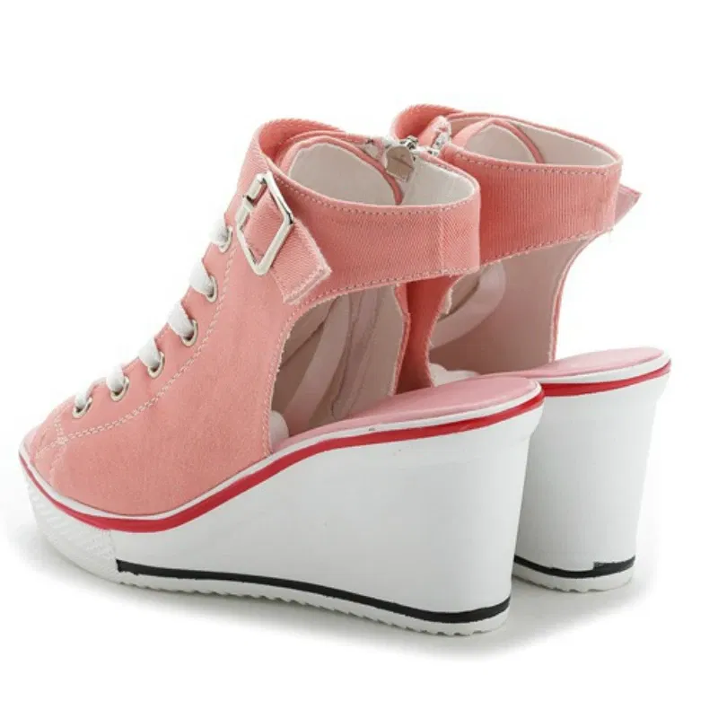 Color: black, Shoe Size: 37 - Spring Summer Women's Height Increasing Platform Canvas Fish Mouth Shoes Open Toe Hollow Canvas Wedge Shoes Zapatos Para Mujer