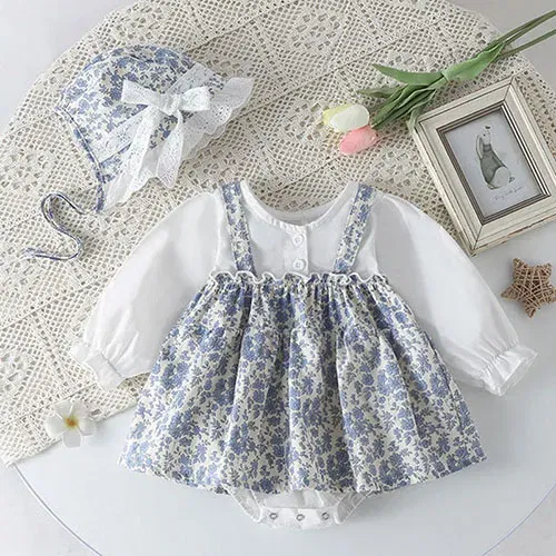 Color: black, Kid Size: 24M - Newborn Baby Girls Bodysuits+Hat Printing Stitching Cotton Long Sleeve Infant Baby Girls Jumpsuit Autumn Spring Baby Clothing