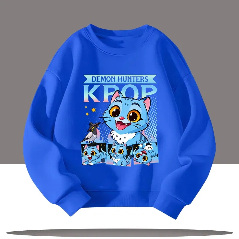 Color: SKY BLUE, Kid Size: 4 - Children's Clothing K-pop Demon Hunters Cartoon Print 3-12 Year Old New Style Kids Round-neck Sport Shirt Cute Girl Casual Top