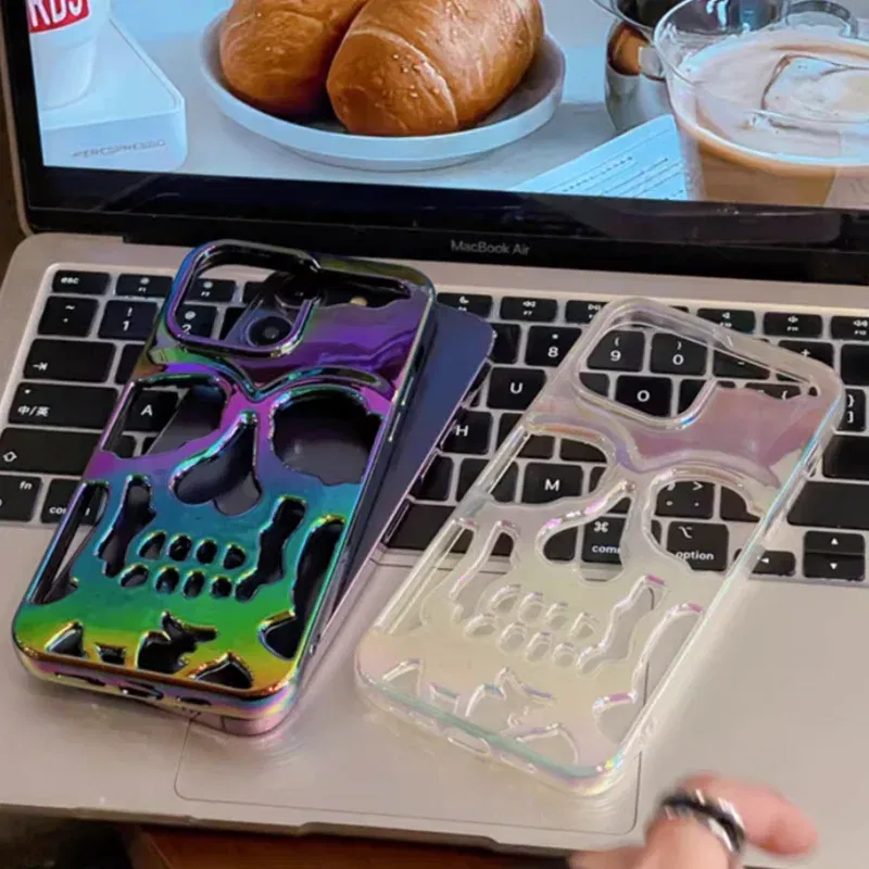 Color: Army Green, Material: EVA - 3D Skull Ghostface Phone Case for iPhone 14 15 ProMax 11 12 13 Pro Max Plus Fashion Hollow Heat Dissipation Plating Slim Cover