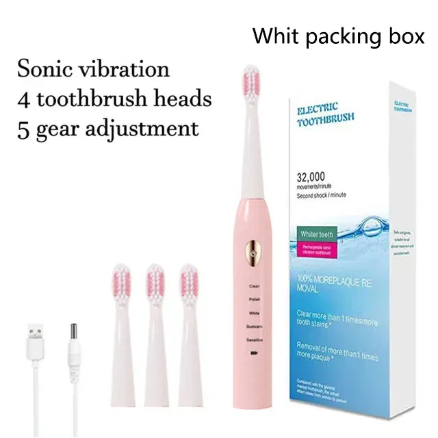 Color: Orange - Electric Toothbrush 5-gear Mode USB Charging 4 colors IPX7 Waterproof Ultrasonic Rechargeable Soft Hair Toothbrush Adult Classic