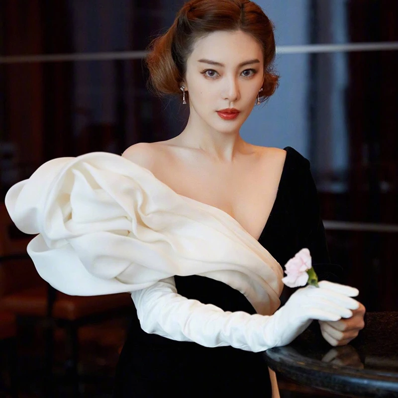 Color: WHITE, Gloves Size: XXXL - 50cm New Genuine Leather White Women's High Grade Party Mittens Sheepskin Lady Winter Velvet long Gloves Creamy Ivory Snow White