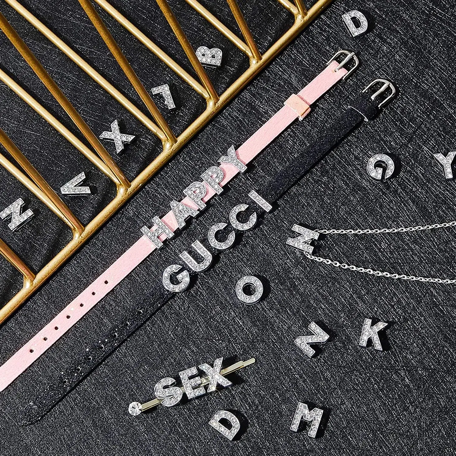 Color: Pink - Rhinestone Slide Charms Letters For Jewelry Making Women Bracelet 8mm Alphabet A-Z Pet Collar Necklace DIY Accessories Gift