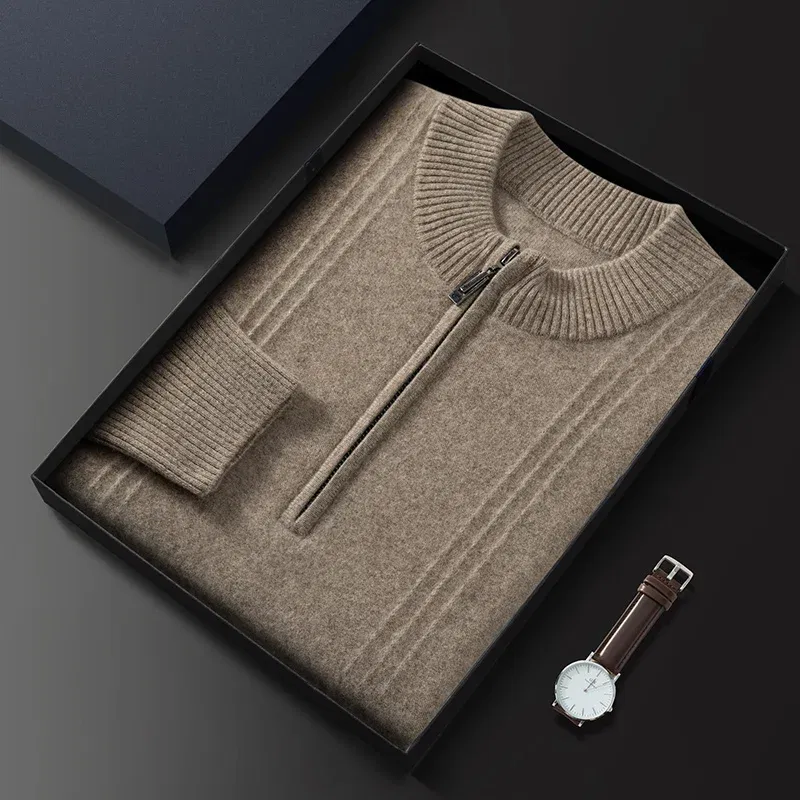 Color: Khaki, Size: XL - Men's Sweater Pullover Autumn Winter Sweater Warm Clothing 100% Cashmere Business Long Sleeve Classic Quality Mock Neck Knit Top