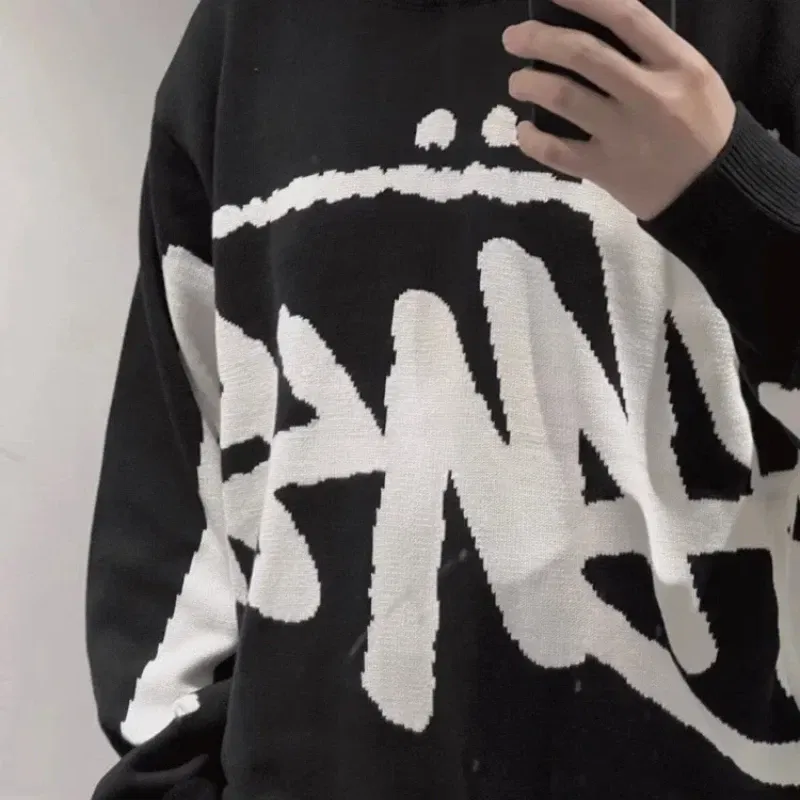 Color: black, Size: One Size - New Winter Women Monogram Jacquard Knitted Crew Neck Sweater Graffiti Pullovers Long Sleeve Jumpers Autumn Women Trendy Clothing