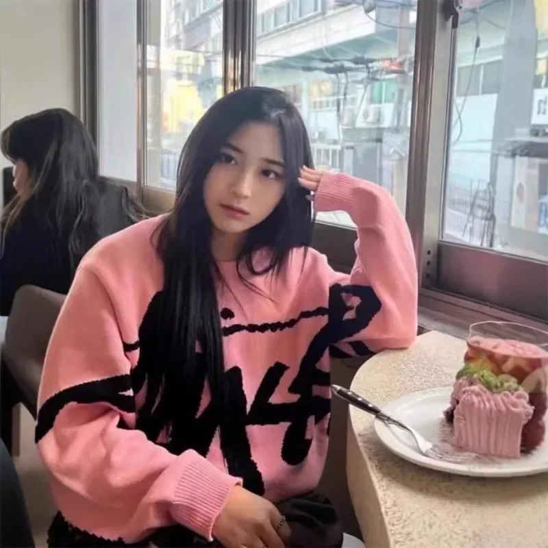 Color: black, Size: One Size - New Winter Women Monogram Jacquard Knitted Crew Neck Sweater Graffiti Pullovers Long Sleeve Jumpers Autumn Women Trendy Clothing