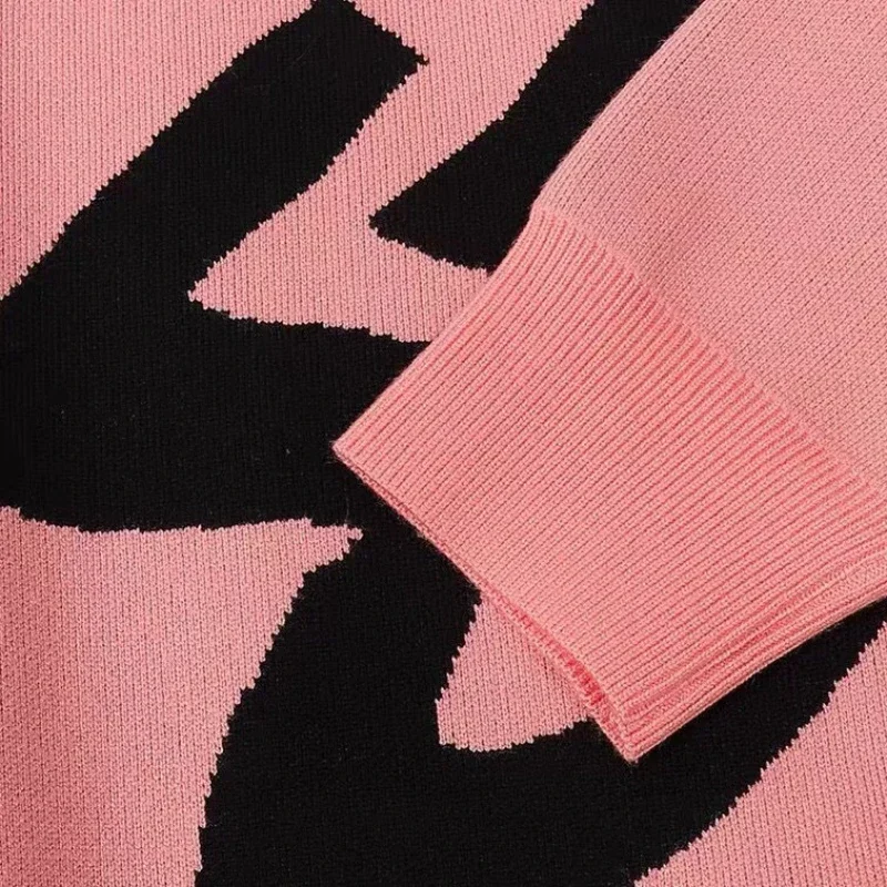 Color: black, Size: One Size - New Winter Women Monogram Jacquard Knitted Crew Neck Sweater Graffiti Pullovers Long Sleeve Jumpers Autumn Women Trendy Clothing