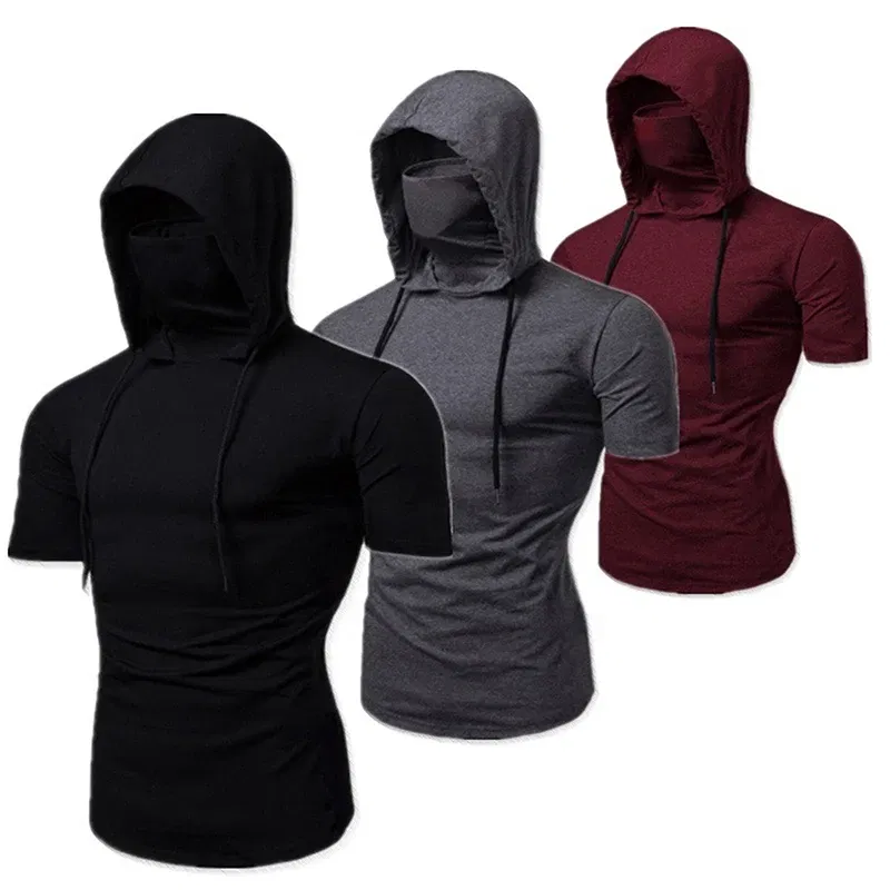 Color: Red, Size: S - Mens Gym Thin Hoodie Short Sleeve Hoodies With Mask Sweatshirt Casual Splice Large Mask Hoodie Sweatshirt Hooded Tops Cycling