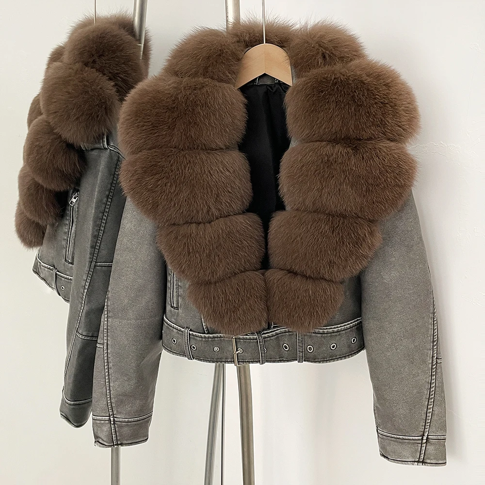 Color: PURPLE, Size: L - Fake Leather Coat New Natural Fox Fur Autumn Short Faux Leather Jacket Female Spring PU Women Long Sleeve Real Fur Coat Thin