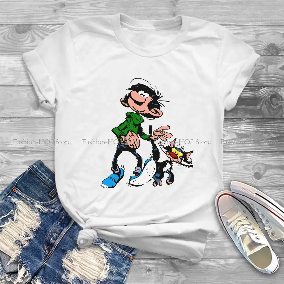 Color: WHITE, Size: XL - Gaston Lagaffe Comic Polyester TShirts Cartoon Color Big Ben Walking With Cat Classic Personalize Homme T Shirt Funny Tops
