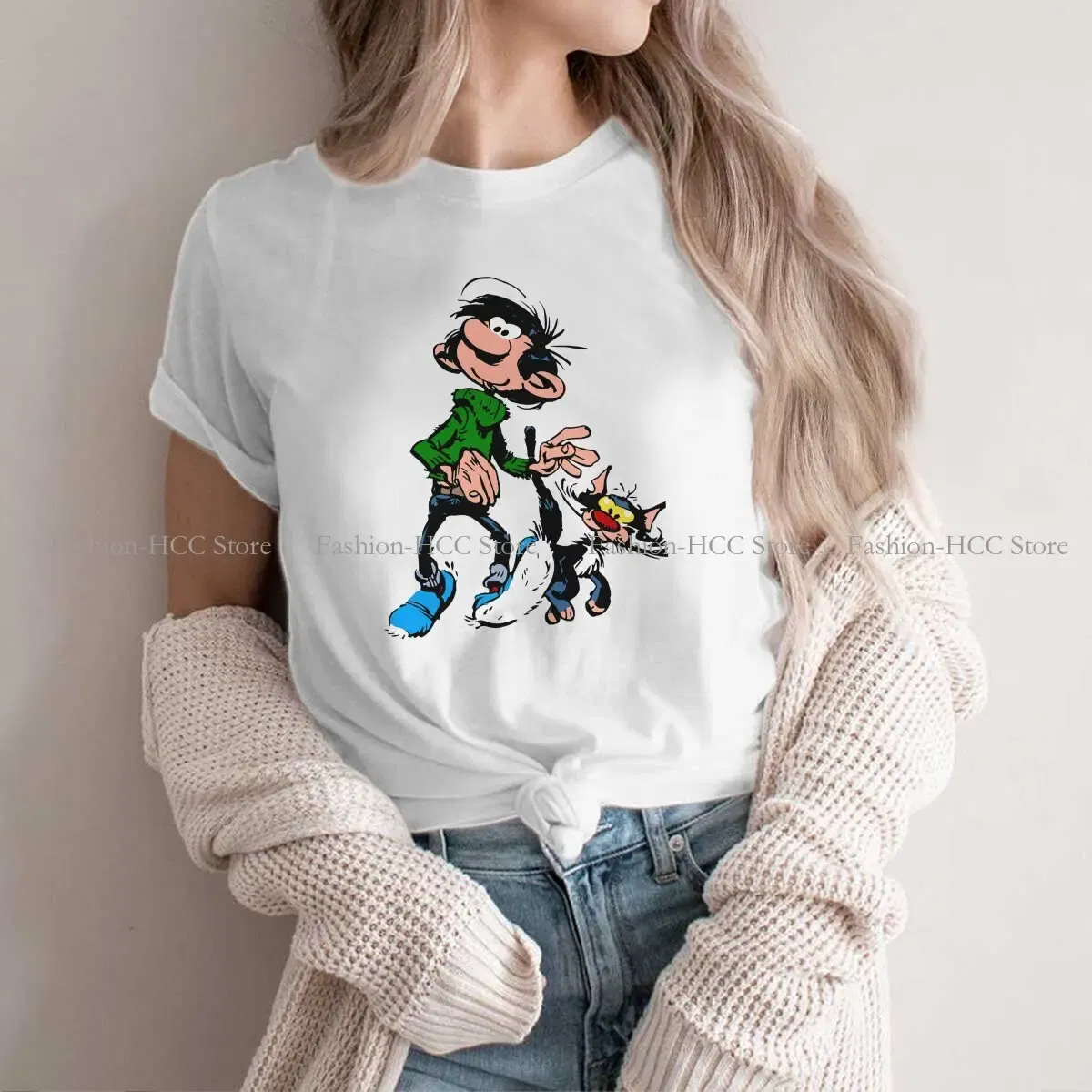 Color: WHITE, Size: XL - Gaston Lagaffe Comic Polyester TShirts Cartoon Color Big Ben Walking With Cat Classic Personalize Homme T Shirt Funny Tops