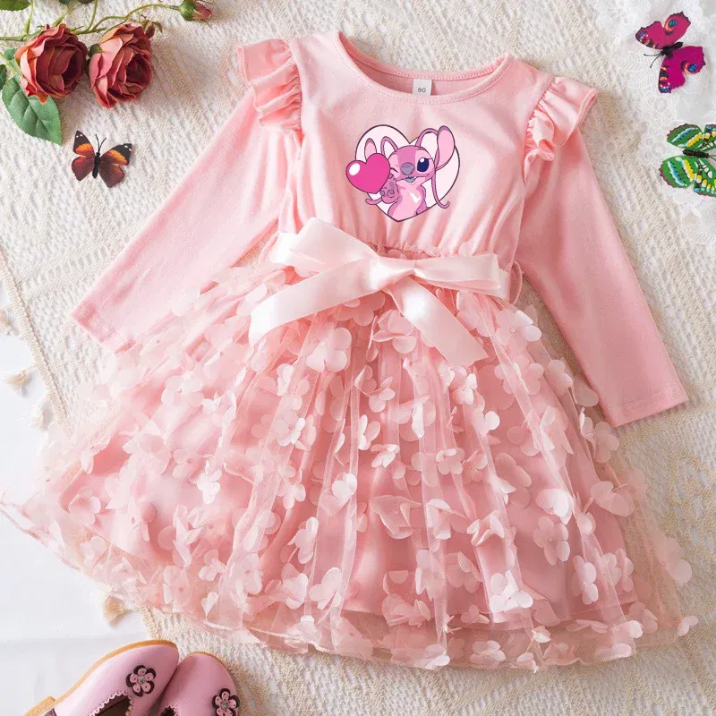 Color: Dark Grey, Size: One Size, Height: 164 - Lilo Stitch Girl Baby Dresses Spring Autumn Child Long Sleeve Sweet Princess Dress Mesh Newborn Casual Dress Birthday Party 2-6Y