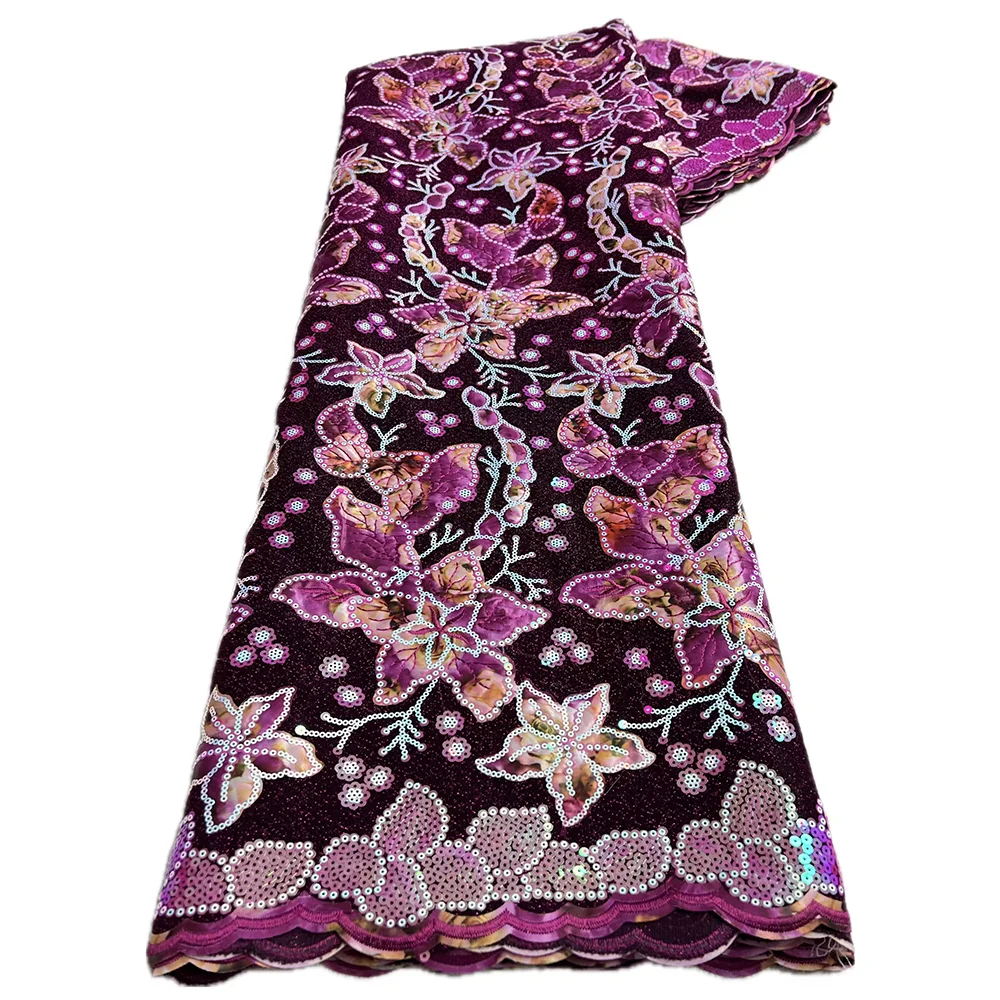 Color: PURPLE, Length: 5 yards, Width: 120cm - 2025 African Nigerian Tulle Lace Fabric Sequins Sewing Guipure Beads Stone Embroidery Dresses High Quality 4 Yards