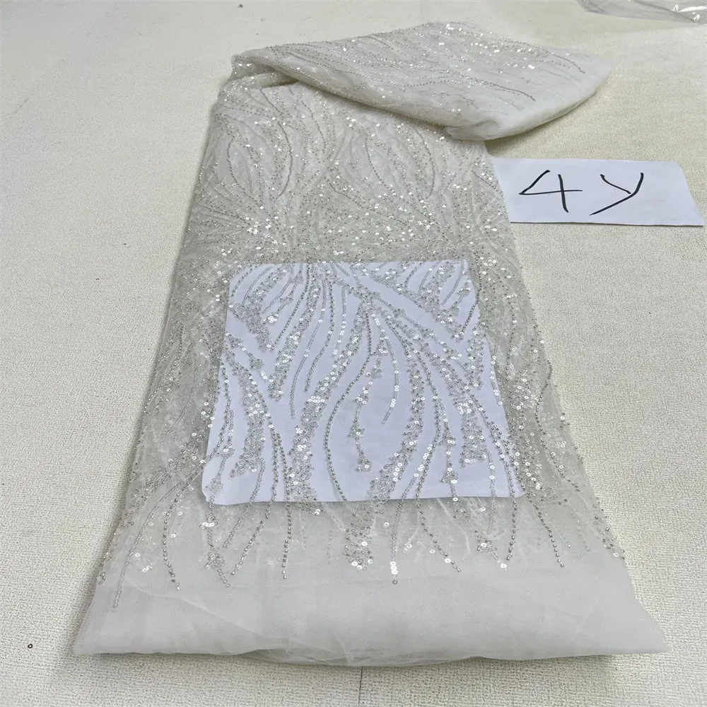 Color: PURPLE, Length: 5 yards, Width: 120cm - 2025 African Nigerian Tulle Lace Fabric Sequins Sewing Guipure Beads Stone Embroidery Dresses High Quality 4 Yards