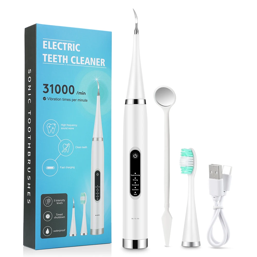 Color: WHITE - Electric Teeth Cleaner Dental Scaler Waterproof Oral Care Plaque Spatula Removes Tartar Dental Scraper Dental Instrument