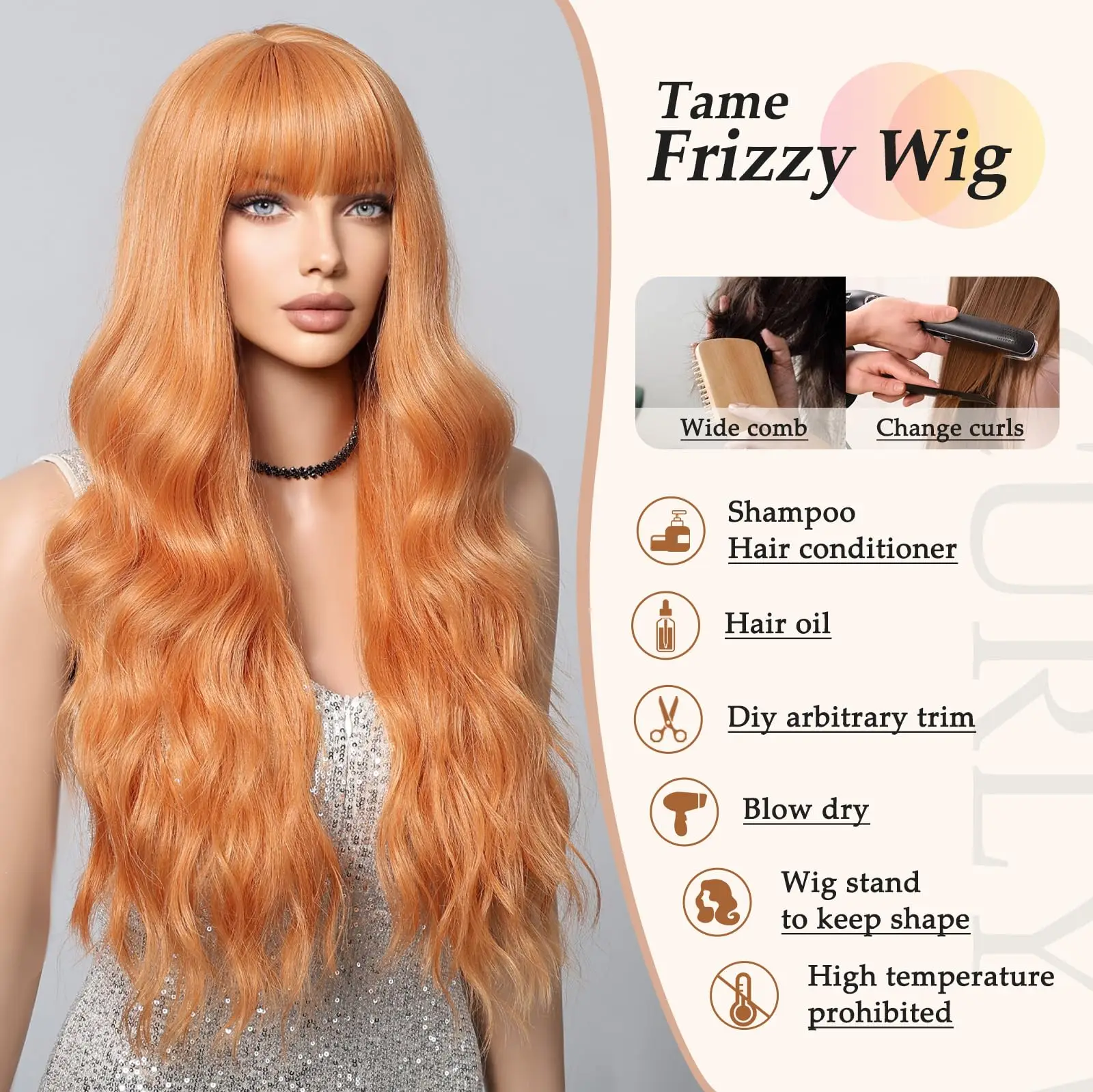 Color: #31 - Orange synthetic wig with big waves for party, Halloween cosplay, daily use wig, high-temperature hair accessory