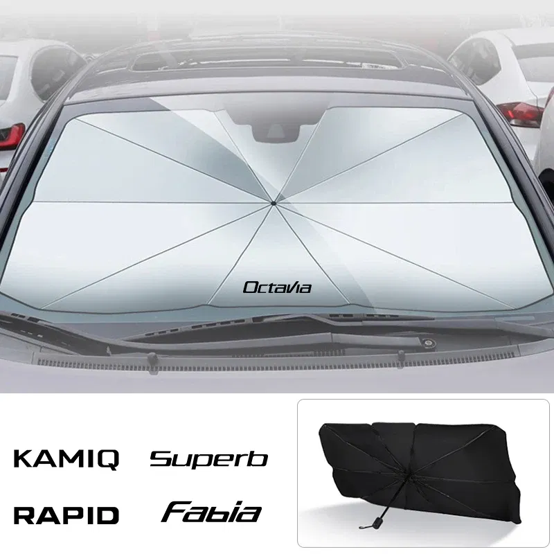 Color: Gold - Car Windshield Sunshade Umbrella Car Front Shading For Skoda Octavia Fabia Rapid Superb Kodiaq Scala Karoq Citigo Kamiq Enyaq