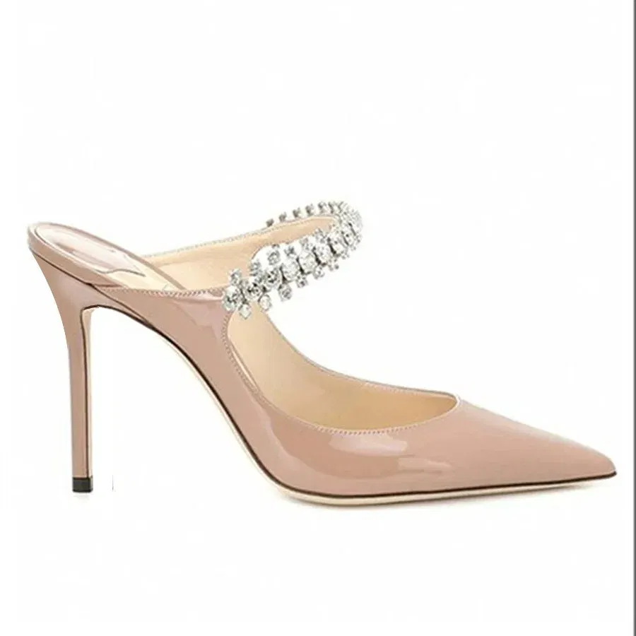 Color: Brown, Shoe Size: 39, Ships From: CHINA - Elegant Leather Mules Pointed Toe Stylish Rhinestone Embellished High Heel Sandals Sophisticated Party Evening Shoes Footwear