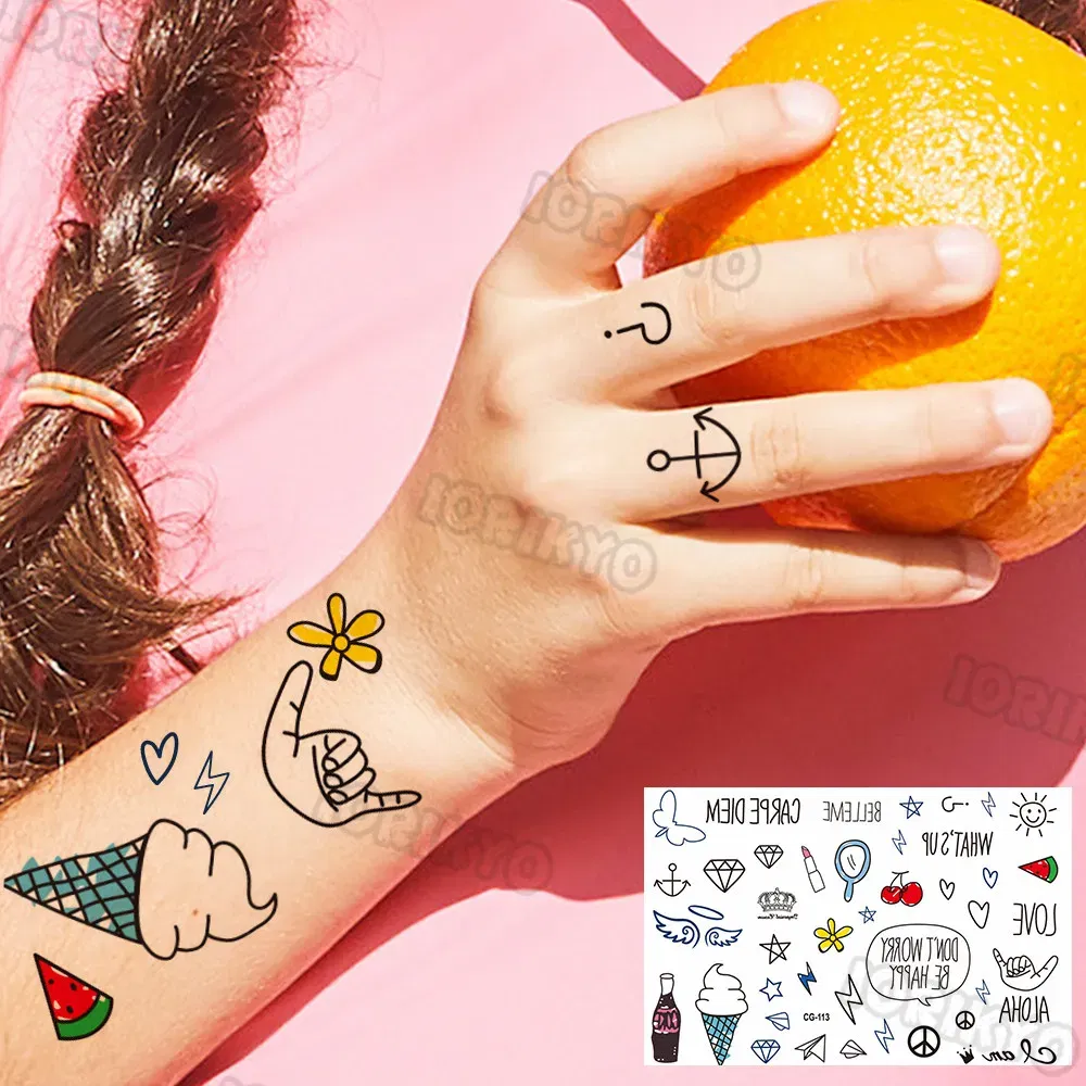 Color: monochrome - Summer Style Temporary Tattoos For Kids Adult Boy Girl Fake Ice cream Tattoo Sticker Small Rock Flower Heart Tatoos Hands Finger