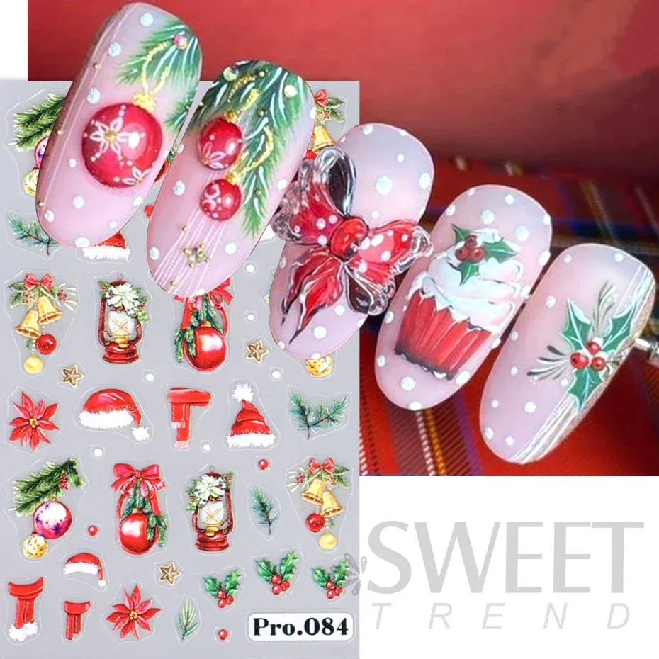 Color: Khaki - 5D Embossed Elk Nail Art Sticker Cute Christmas Winter Santa Claus Snowflake Gingerbread Man Engraved Slider Manicure Decoration