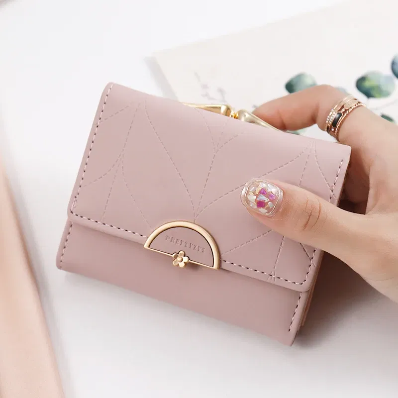 Color: Pink - 024 Women's summer new women's short wallet Japan and South Korea PU leather hardware buckle three fold bag high texture multi-c