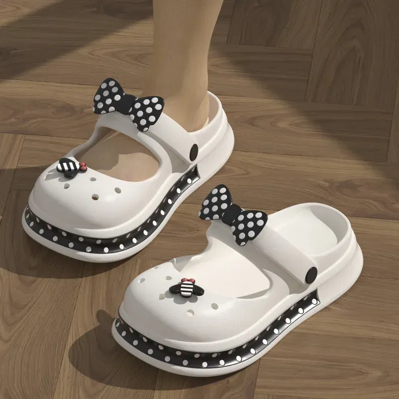 Color: Beige, Shoe Size: 3 - Casual Platform Slippers Women Home Flat Summer Cute Bow Designer Shoes Girls Fashion Popular Footwear House Lovely Thick Bottom