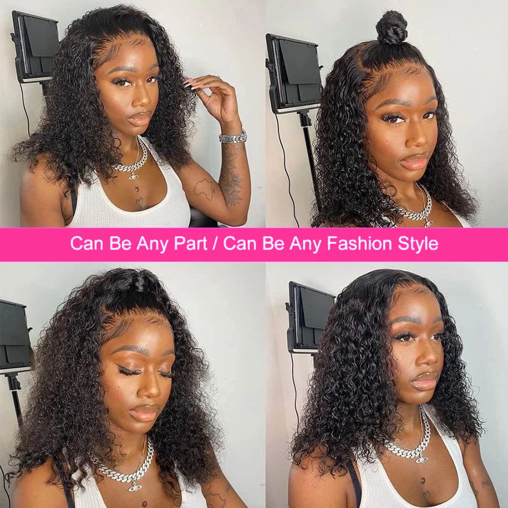 Hair Color: #1B, Ships From: United States, Stretched Length: 8inches, Density: 150% - Wear and Go Water Wave Glueless Bob Wigs Pre-plucked 7x5 HD Lace Closure Wig Pre-cut Lace Frontal Bob Wigs With Bleached Knots