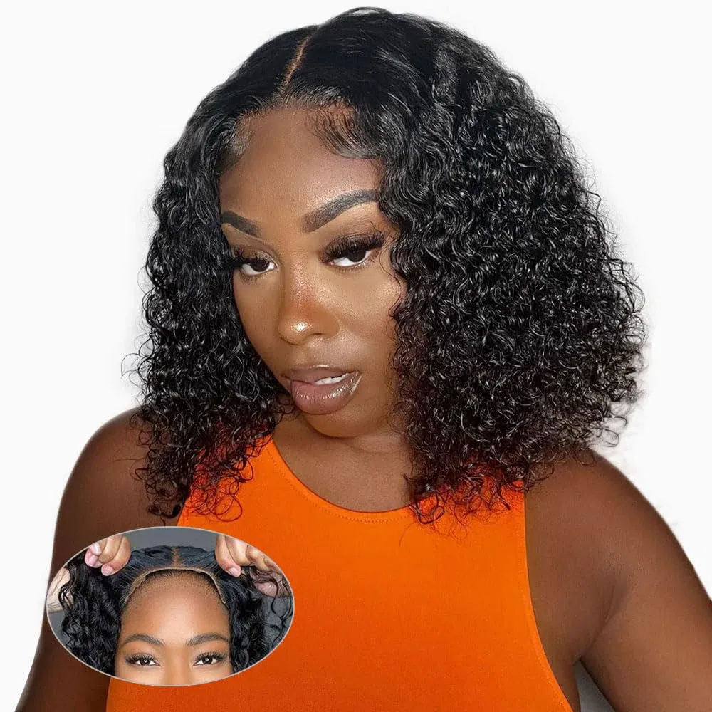 Hair Color: #1B, Ships From: United States, Stretched Length: 8inches, Density: 150% - Wear and Go Water Wave Glueless Bob Wigs Pre-plucked 7x5 HD Lace Closure Wig Pre-cut Lace Frontal Bob Wigs With Bleached Knots