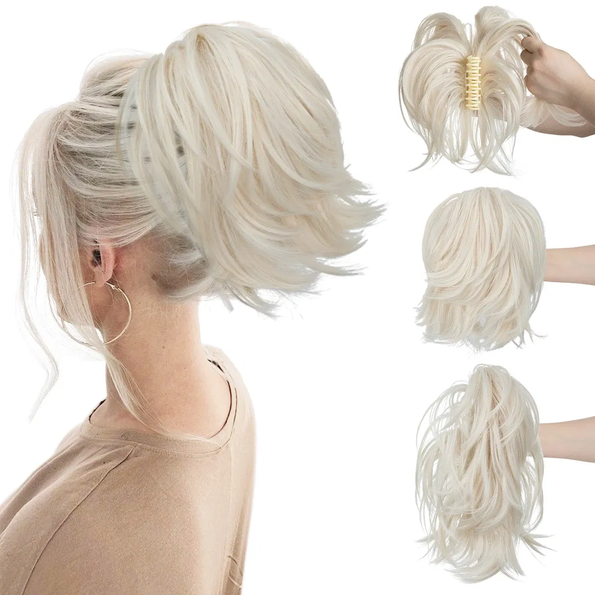 Color: P18/613, Bulk Buy: 1pc - Synthetic Claw Clip In Ponytail Hair Extensions Diy Hairpiece Hair Bun Fake Blonde Hair False Pigtail for Women