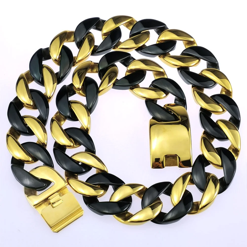 Length: 70cm, Main Stone Color: Black - 316L Stainless Steel and Black Tone Curb 24mm Solid Heavy Long Necklace + Bracelet Jewelry