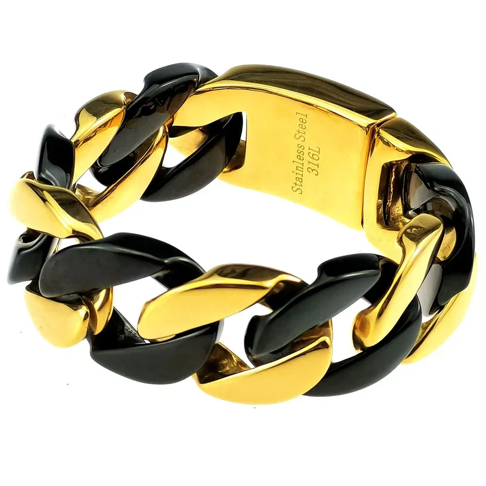 Length: 70cm, Main Stone Color: Black - 316L Stainless Steel and Black Tone Curb 24mm Solid Heavy Long Necklace + Bracelet Jewelry