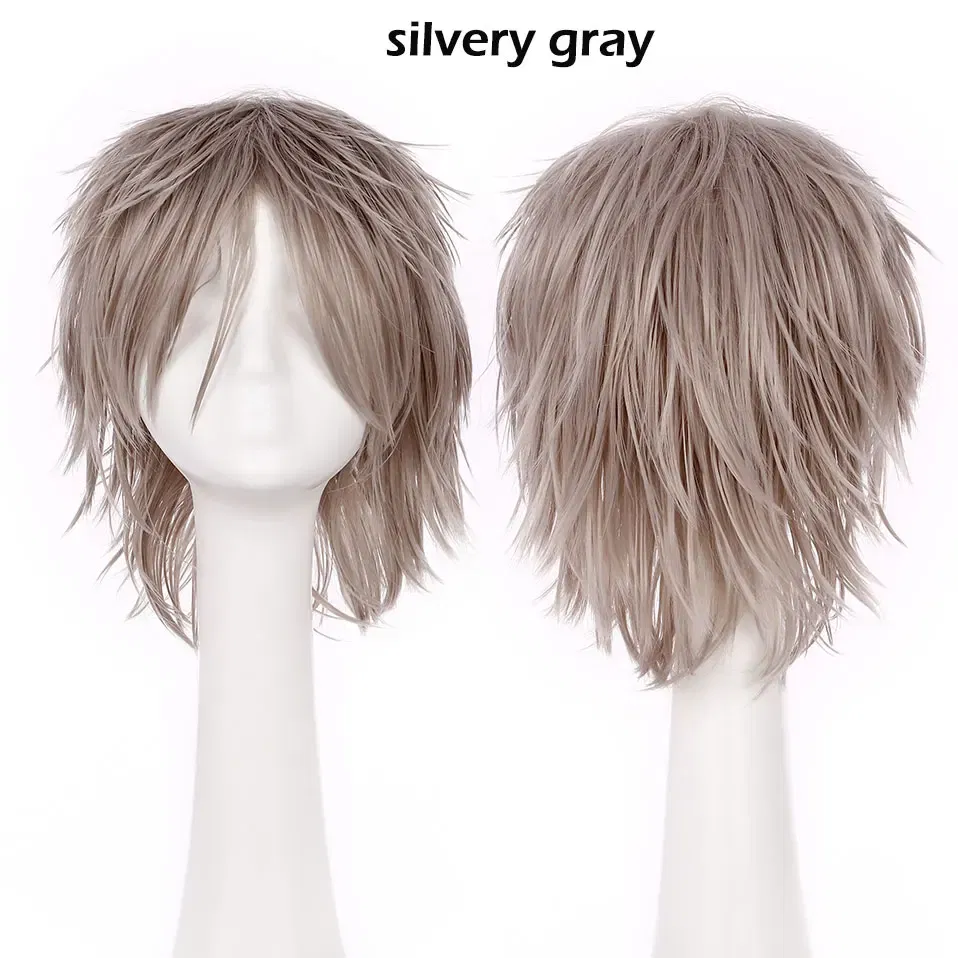 Color: silver grey, Ships From: CHINA, Stretched Length: 8inches - S-noilite Synthetic Short Wig Blue Brown Black Women Men Cosplay Costume Party Head Wigs Hair