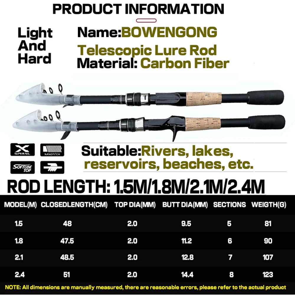 length: 1.8 m, Color: Red - Telescopic Lure Rod 1.5M 1.8M 2.1M 2.4M Carbon Spinning Rod Baitcasting Fishing Pole 8g-25g Wooden Handle Casting Fishing Tackle