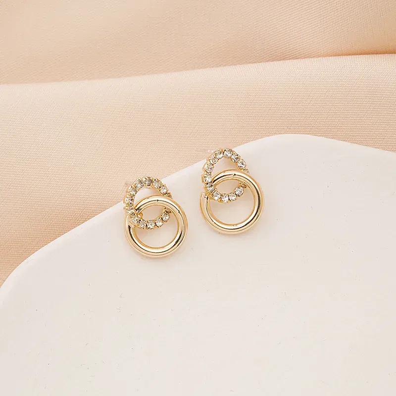 Metal Color: Army Green Zinc - 2023 Korean Simple Double Circle Gold Color Metal crystal Stud Earrings For Women Fashion Exquisite Jewelry Best Friend Gifts