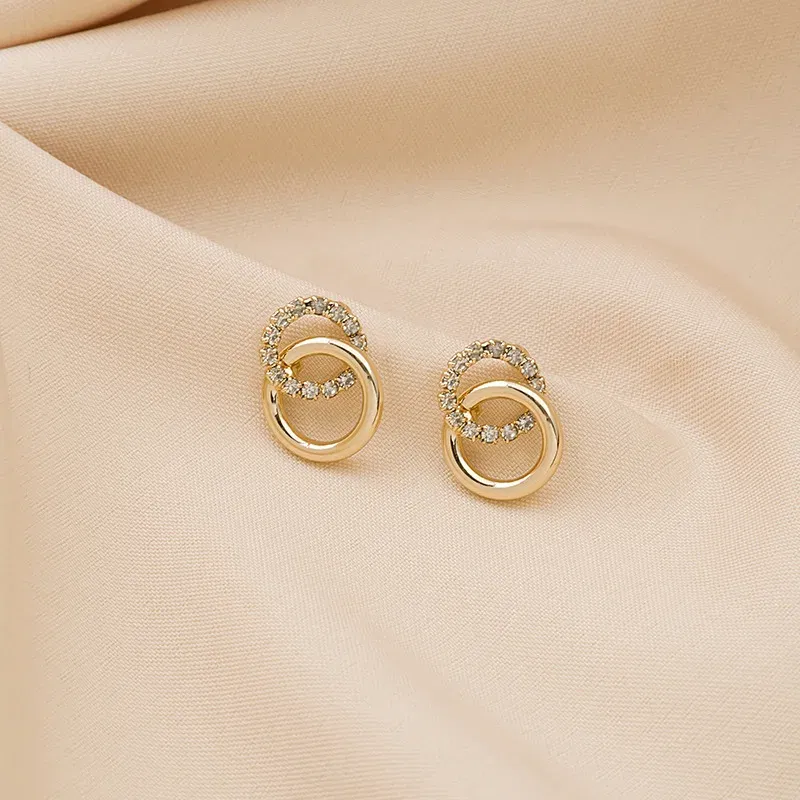 Metal Color: Army Green Zinc - 2023 Korean Simple Double Circle Gold Color Metal crystal Stud Earrings For Women Fashion Exquisite Jewelry Best Friend Gifts