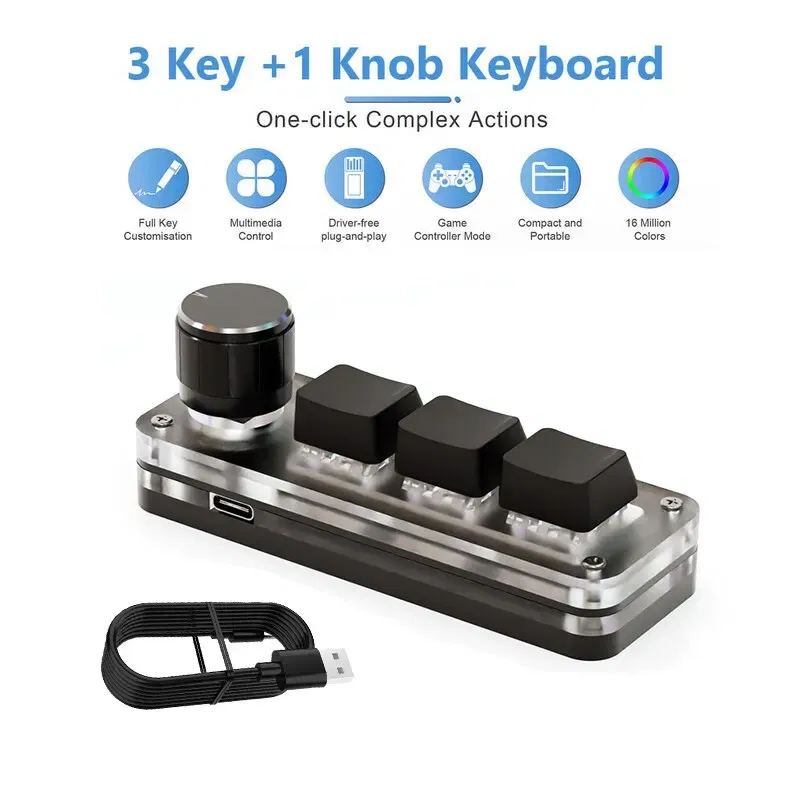 Color: black - Macropad Macro Mechanical Keyboard RGB Mini Gaming Custom Programming Knob Keypads Red Switch 3 Keys For Photoshop
