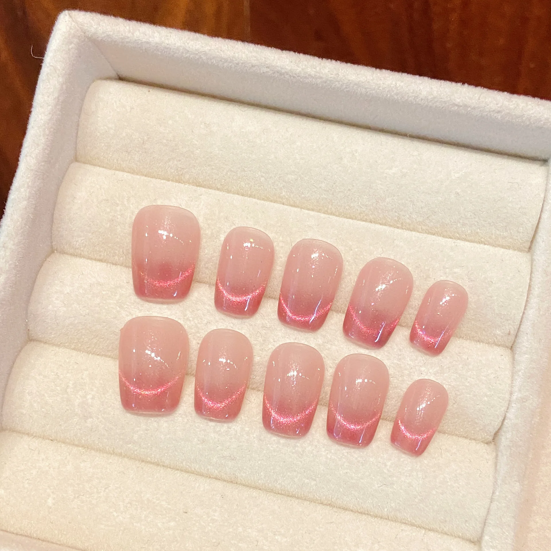 Color: Pink - 10 PCS Luxury Handmade Press on Nails Short Square French Cat's Eye Design with 3-PIECE Tool Adhesive Nail Glue Tabs